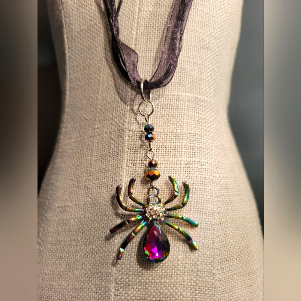 Crystal rhinestone iridescent spider necklace